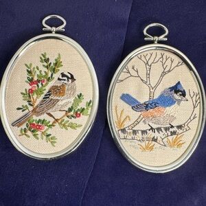 Vintage Pair Needlepoint Fiber Art Birds Oval Frame Cottagecore